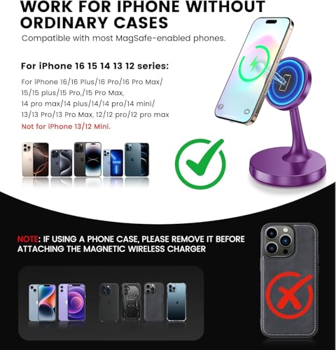 TXXTOL Magnetic Wireless Charger iPhone Stand, 15W Fast Mag-Safe Charger iPhone 17/17 Air/17 Pro/17 Pro Max 16/15/14/13/12 Series Magnet Wireless Charging Station/Pad/AirPods for Home, Office, Travel - color: 1Pack Purple