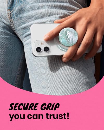 On The Grip Magnetic Phone Grip for MagSafe, Genuine Natural Crystal & Seashell Stone, Swappable Top, Strong Magnet Holder & Kickstand for iPhone 15 14 13 12 Pro Max Plus & MagSafe Cases (Aqua Blue)
