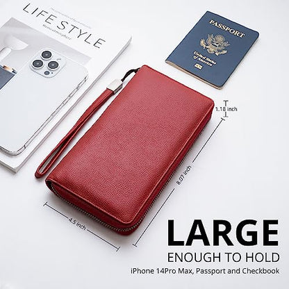 Bveyzi Women RFID Blocking Wallet Leather Zip Around Phone Clutch Large Capacity Ladies Travel Purse Wristlet - color: Wine Red