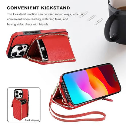 Bocasal Crossbody Wallet Case Card Holder for iPhone 15 Pro, Red | RFID Blocking PU Leather Zipper Handbag Purse, Kickstand Flip Folio Case with Card Slots Holder Wrist Strap Lanyard 6.1 Inch - color: Red