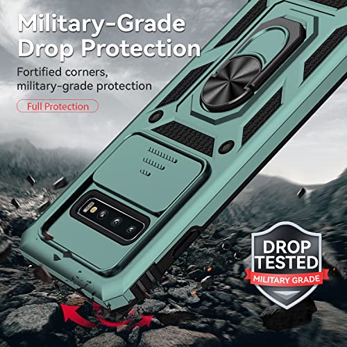 for Samsung Galaxy S10 Plus Case with Camera Lens Cover HD Screen Protector, Military-Grade Drop Tested Magnetic Ring Holder Kickstand Protective Phone Case for Samsung Galaxy S10+ Plus (Dark Green) - color: Dark Green with camera cover Military-Grade