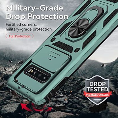 for Samsung Galaxy S10 Plus Case with Camera Lens Cover HD Screen Protector, Military-Grade Drop Tested Magnetic Ring Holder Kickstand Protective Phone Case for Samsung Galaxy S10+ Plus (Dark Green) - color: Dark Green with camera cover Military-Grade