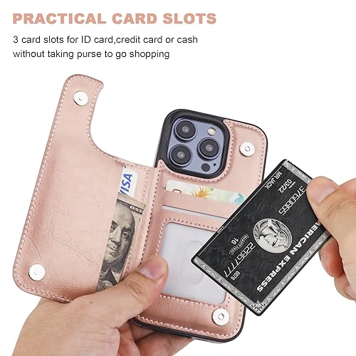 ONETOP for iPhone 15 Pro Wallet Case with Credit Card Holder,Rosegold | Kickstand,ID/Cash Holder,Case Wallet with Card Slots,Double Magnetic Clasp,Durable PU Leather Shockproof Cover for Women Men - color: Rose Gold