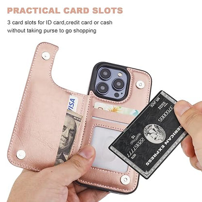 ONETOP for iPhone 15 Pro Wallet Case with Credit Card Holder,Rosegold | Kickstand,ID/Cash Holder,Case Wallet with Card Slots,Double Magnetic Clasp,Durable PU Leather Shockproof Cover for Women Men - color: Rose Gold