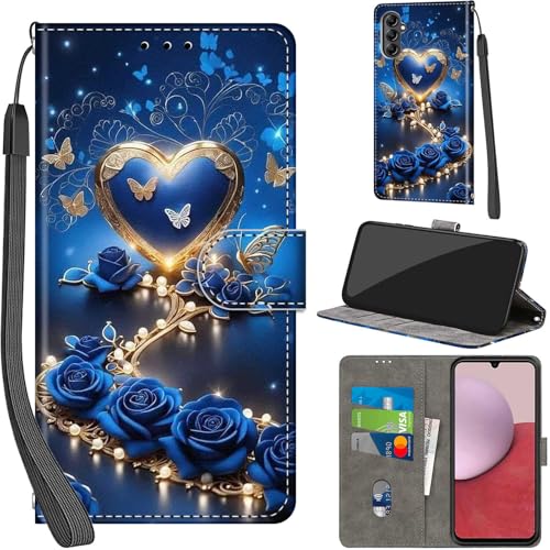 Case Wallet for Samsung Galaxy A14 5G, Blue Flower | Kickstand, 3 Card Holder, Shockproof TPU Interior Shell, PU Leather, Magnetic Flip Cover, Lanyard Strap - color: Pic:09