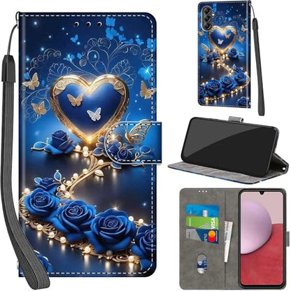 Case Wallet for Samsung Galaxy A14 5G, Blue Flower | Kickstand, 3 Card Holder, Shockproof TPU Interior Shell, PU Leather, Magnetic Flip Cover, Lanyard Strap - color: Pic:09