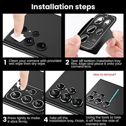 Tensea [3+2PCS for Samsung Galaxy S23 Ultra 5G Camera Lens Protector, 9H Tempered Glass Camera Cover Screen Protector Metal Individual Ring [Installation Tray][Removal tool][Case Friendly]- Black