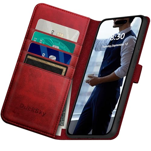 DuckSky Compatible with iPhone 17 Pro Max 6.9" Genuine Leather Wallet case【RFID Blocking】【4 Credit Card Holder】【Real Leather】 Flip Phone case Cover Women Men for Apple 17 Pro Max case Red - color: Red