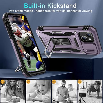 DEERLAMN Case for iPhone 15 with Slide Camera Cover + Screen Protector (2 Packs), Rotated Ring Kickstand Military Grade Shockproof Protective Cover-Deep Purple - color: Deep Purple