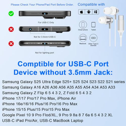 Wired Earbuds USB C in Ear Headphones for iPhone 17 Pro Max 17e 17Pro 17 16 - color: White