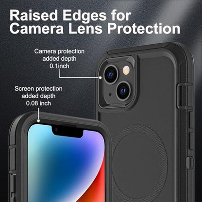 YKHJKLEC iPhone 13/14 Case Compatible With Magsafe - 3 in 1 Heavy Duty Shockproof/Drop Proof/Dust Proof With 2Pcs Tempered Glass Screen Protector (New-Black/Black) - color: New-Black/Black