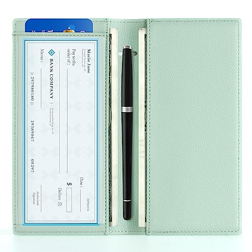 CoBak Checkbook Cover for Women & Men - PU Leather Case with RFID Blocking | Classic Design Check Book Holder for Personal and Business - color: Sage
