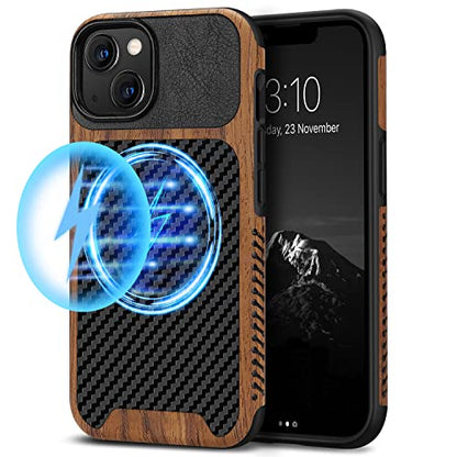 TENDLIN Magnetic Case Compatible with iPhone 13 Case Wood Grain with Carbon Fiber Texture Design Leather Hybrid Slim Cover (Compatible with MagSafe) Black - color: Magnetic Black