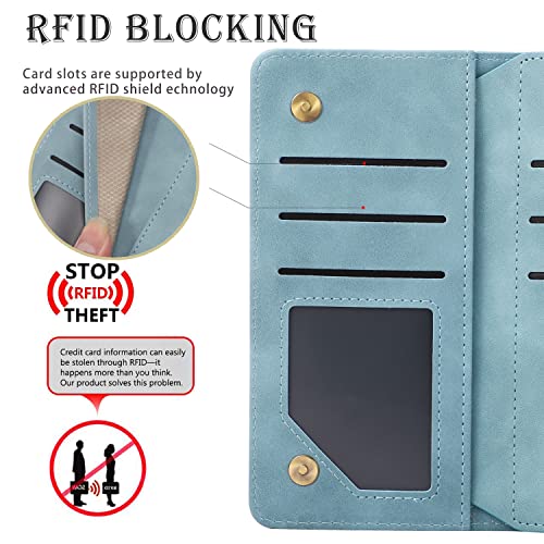 RANYOK Wallet Case Compatible with iPhone 13/14 (6.1 inch), Premium PU Leather Zipper Flip Folio Wallet RFID Blocking with Wrist Strap Magnetic Closure Built-in Kickstand Protective Case (Baby Blue) - color: Baby Blue