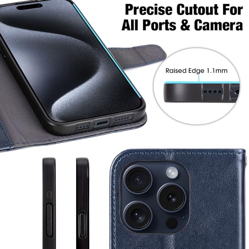 Arae Compatible with iPhone 15 Pro Case with Card Holder and Wrist Strap Wallet Flip Cover for iPhone 15 Pro 6.1 inch,Blue - color: Blue, size: iPhone 15 Pro 6.1 inch