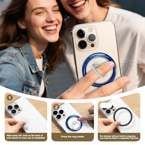 Transparent Shiny Magnetic Phone Ring Holder,360° Rotatable Removable Phone Grip,Clear Blue Sparkle Diamond Stylish Design Compatible with All Phones & Tablets - color: Clear Blue
