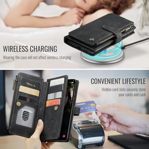 Samsung Galaxy S24 FE 5G Wallet Case with Card Holder Kickstand Magnetic Zipper Pocket Lanyard Strap Wristlet,Leather Flip Case Wallet for Samsung Galaxy S24 FE 6.7 Inch(Black) - color: Black, size: S24 FE 5G 6.7 Inch