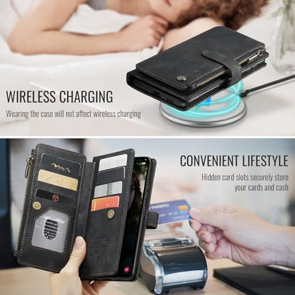 Samsung Galaxy S24 FE 5G Wallet Case with Card Holder Kickstand Magnetic Zipper Pocket Lanyard Strap Wristlet,Leather Flip Case Wallet for Samsung Galaxy S24 FE 6.7 Inch(Black) - color: Black, size: S24 FE 5G 6.7 Inch