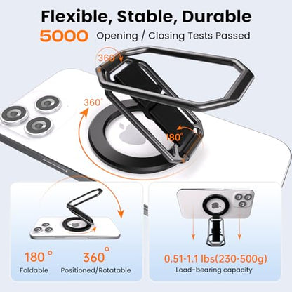 4-in-1 Phone Grip Stand for MagSafe,Loop Strap,Dual-Fold,360°Rotate,Black - color: Black