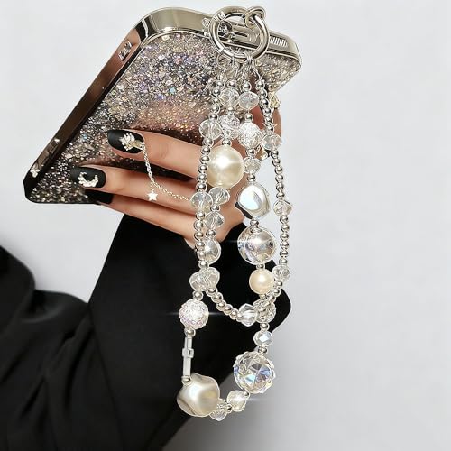 Luxury Pearl Phone Wrist Strap Crystal Diamond Beaded Keychain Wristlet for Phone Chain Wristlet Glitter Rhinestone Cellphone Lanyard Dual Chains Phone Strap Wrist Keychain Bag Charms for Handbags
