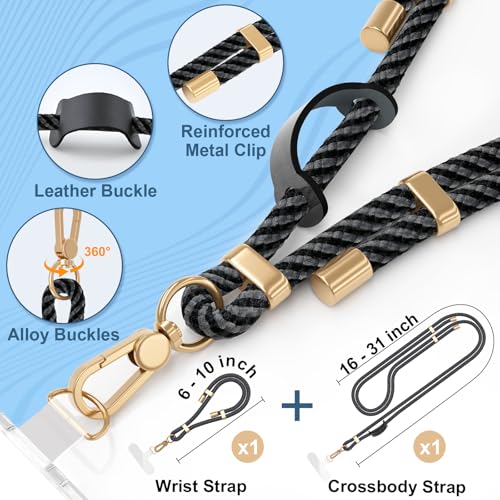 4-IN-1 Phone Lanyard Crossbody & Wrist Strap Kit with 2 Pack Tabs - color: Black Grey