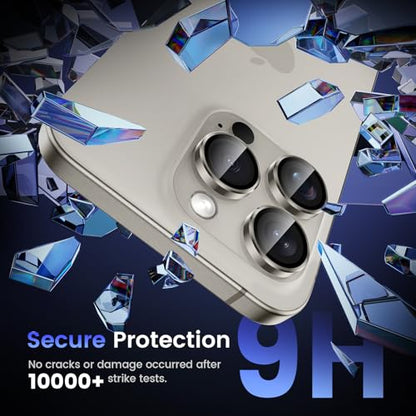 Tensea Camera Lens Protector for iPhone 15 Pro/Pro Max, 9H Tempered Glass, Metal Ring for 6.1/6.7 inch - color: Titanium