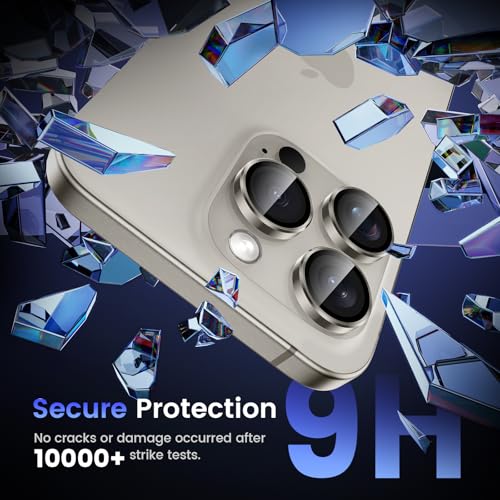 Tensea Camera Lens Protector for iPhone 15 Pro/Pro Max, 9H Tempered Glass, Metal Ring for 6.1/6.7 inch - color: Titanium