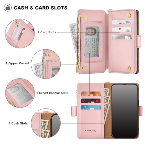 Antsturdy for iPhone 17 Phone Wallet Case Women,Pink | RFID Blocking,with Credit Card Holder Slots,PU Leather Purse,Zipper Pocket,Wrist Strap Kickstand,Flip Folio Cover for Men - color: Pink