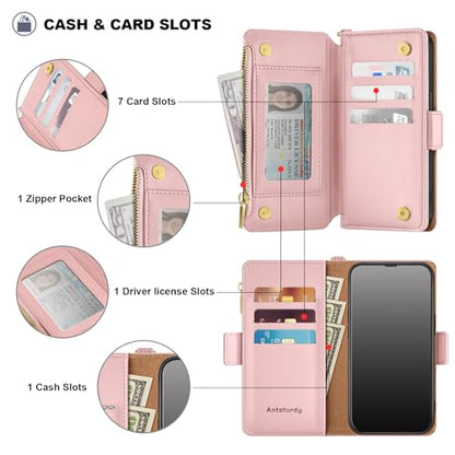 Antsturdy for iPhone 17 Phone Wallet Case Women,Pink | RFID Blocking,with Credit Card Holder Slots,PU Leather Purse,Zipper Pocket,Wrist Strap Kickstand,Flip Folio Cover for Men - color: Pink