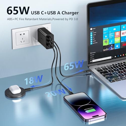 65W USB Charger Block GaN Wall Charger 3-Port Compact Fast Charging Phone