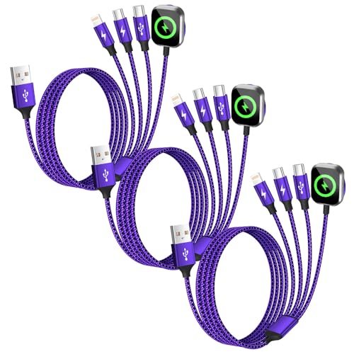 Travel Essentials 4in1 Multi Charging Cable for iPhone Watch Charger 3PK5FT - color: Bright Purple&Black, size: AC to 2C+L+iWatch