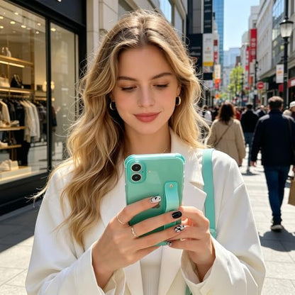 Compatible for iPhone 17 Case with Strap Holder Stand - Green | Wristband Kickstand, Clear Soft TPU, Adjustable Finger Hand Grip Loop, Shockproof Bumper Rugged Cover - color: Green, size: iPhone 17 6.3”