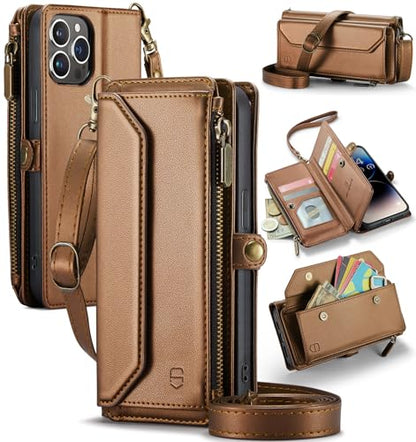 Strapurs Wallet Case Compatible with iPhone 14 Pro RFID Blocking 7-Card Holder Soft PU Leather Magnetic Snap Shoulder Strap Zipper Pocket Phone Case Fit for iPhone 14 Pro 6.1" - Brown | RFID Blocking 7-Card Holder, Shoulder Lanyard, Wirst Strap, Zipper Po