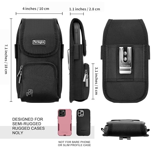 Perilogics Cell Phone Belt Holster,Nylon Phone Pouch with Belt Clip | Belt Pouch with Card Slot, Pen Loops, Zipper Pocket, Fits iPhone 17/16/15/14 Pro Max, 16/15/14 Plus,Hook & Loop Closure