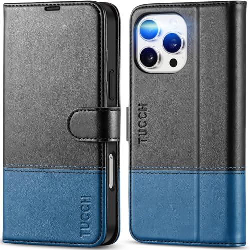 TUCCH Wallet Case for iPhone 16 Pro Max, 4 Card Holders, Black & Light Blue | RFID Blocking, Viewing Stand, Shockproof TPU Shell, PU Leather, Magnetic Closure, Protective Folio Flip Cover - color: Two-tone Black & Light Blue