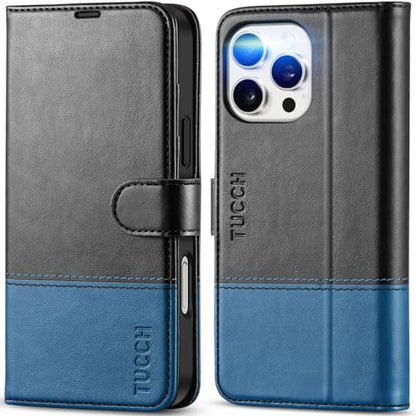 TUCCH Wallet Case for iPhone 16 Pro Max, 4 Card Holders, Black & Light Blue | RFID Blocking, Viewing Stand, Shockproof TPU Shell, PU Leather, Magnetic Closure, Protective Folio Flip Cover - color: Two-tone Black & Light Blue