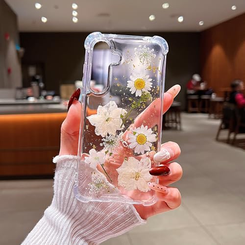 Compatible with Samsung Galaxy S25 Plus Case Cute Pressed Dried Real Flowers Women Girly Shockproof Glitter Floral Clear Phone Cover S25+ (White Flower) - color: White Flower, size: Samsung S25 Plus