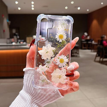 Compatible with Samsung Galaxy S25 Plus Case Cute Pressed Dried Real Flowers Women Girly Shockproof Glitter Floral Clear Phone Cover S25+ (White Flower) - color: White Flower, size: Samsung S25 Plus