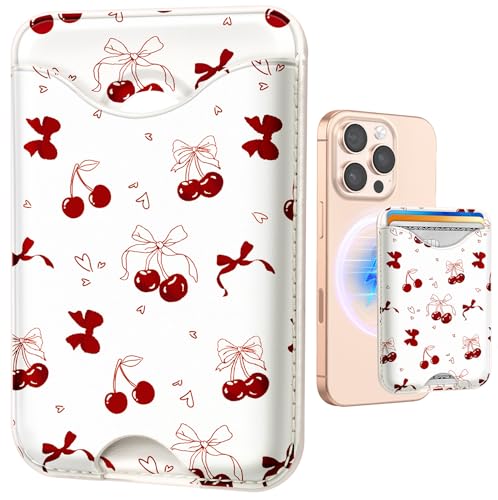 Shorogyt Compatible with Magsafe Wallet Magnetic Card Holder - Bow Cherry Phone Wallets for Women Teen Girls Cute for iPhone 17/16/15/14/13/12 Series Slim for Apple Mag RFID Magnet Fit 3 Cards