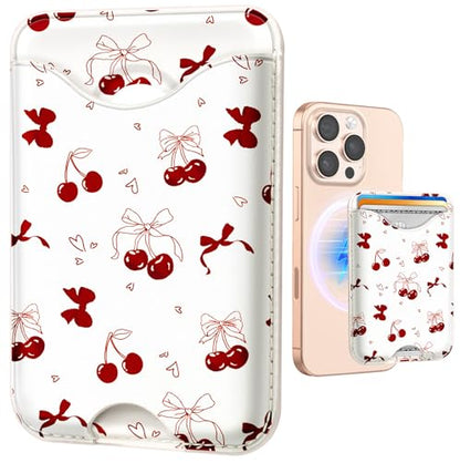 Shorogyt Compatible with Magsafe Wallet Magnetic Card Holder - Bow Cherry Phone Wallets for Women Teen Girls Cute for iPhone 17/16/15/14/13/12 Series Slim for Apple Mag RFID Magnet Fit 3 Cards