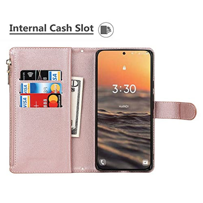 iCoverCase for Samsung Galaxy S23 Wallet Case with Card Holder, Kickstand Feature PU Leather Case with Adjustable Crossbody Lanyard Magnetic Clasp Zipper Pocket Flip Cover (Rose Gold) - color: Rose Gold, size: Galaxy S23