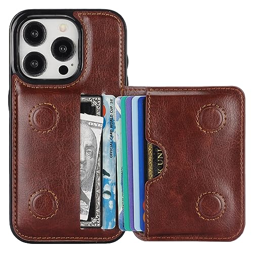 KIHUWEY Compatible with iPhone 15 Pro Wallet Case Credit Card Holder, Premium Leather Kickstand Flip Hidden Magnetic Clasp Durable Shockproof Protective Cover for iPhone 15 Pro 6.1 inch (Brown) - color: Brown