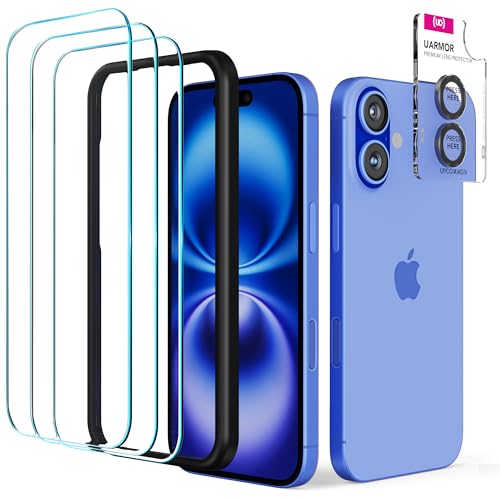 UARMOR Glass 3 Pack Screen Protector & 1 Pack Camera Lens Protector for iPhone 16 (6.1 Inch) 9H Tempered Glass with Easy Installation Kits (Clear) - size: iPhone 16