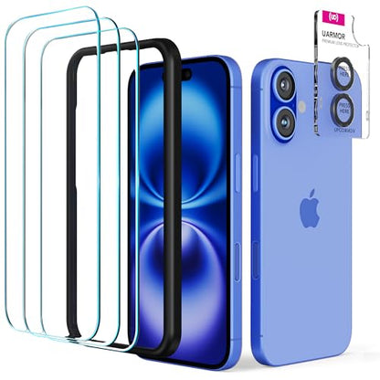UARMOR Glass 3 Pack Screen Protector & 1 Pack Camera Lens Protector for iPhone 16 (6.1 Inch) 9H Tempered Glass with Easy Installation Kits (Clear) - size: iPhone 16