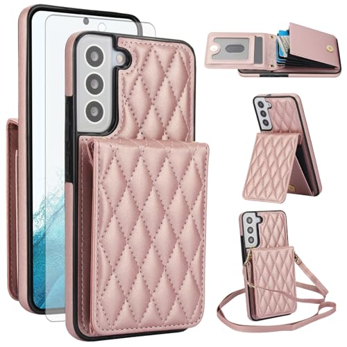 Phone Case for Samsung Galaxy S22 5G Wallet Cover with Tempered Glass Screen Protector Credit Slot Card Holder Crossbody Strap Stand RFID Blocking S 22 22S 4G G5 6.1 inch Women Men Girls Rose Gold - color: Rose Gold
