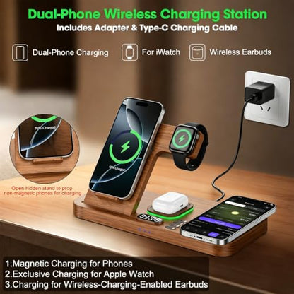Dual Phone Foldable Wireless Charging Station for Apple, Couple&Family Use - color: Woodgrain