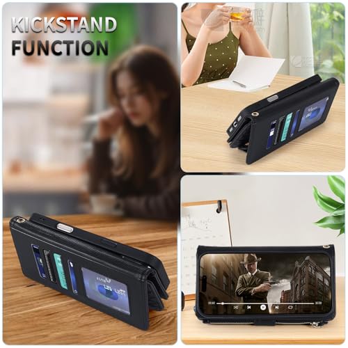 for iPhone 16e/17e Case Wallet,Compatible with MagSafe Magnetic 2 in 1 Magnetic Detachable PU Leather RFID Blocking Wallet Cover Card Holder Zipper Wrist Strap Lanyard,Quilted Black - color: Quilted Black