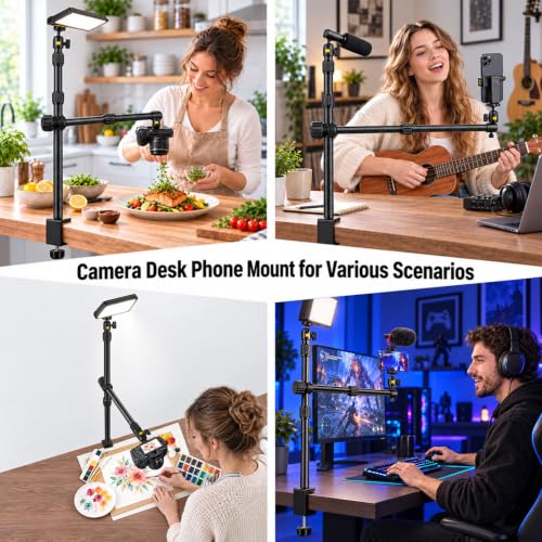 Camera Desk Mount Table Stand with Magic Arm and 1/4" Ball Head, Phone Desk Mount, Overhead Webcam Mount, Adjustable Light Stand Tabletop C Clamp for DSLR Ring Light Live Streaming Photo Video - color: OS03