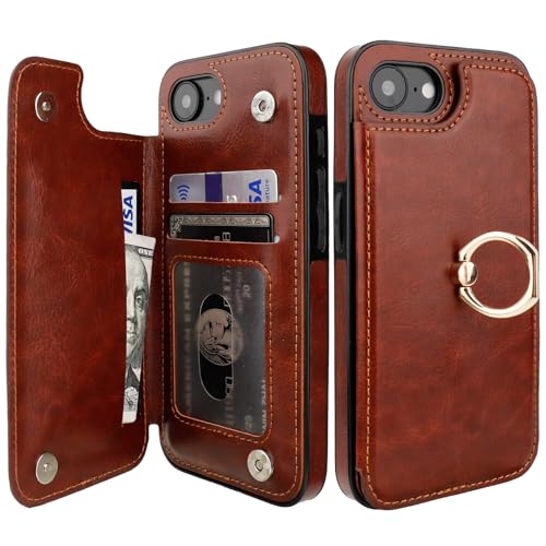 ONETOP for iPhone 17e/16e Wallet Case with Credit Card Holder,Brown | 360° Rotation Ring Kickstand,Finger Grip,Double Magnetic Clasp,RFID Blocking PU Leather Shockproof Cover for Women Men - color: Brown