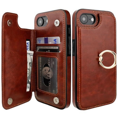 ONETOP for iPhone 17e/16e Wallet Case with Credit Card Holder,Brown | 360° Rotation Ring Kickstand,Finger Grip,Double Magnetic Clasp,RFID Blocking PU Leather Shockproof Cover for Women Men - color: Brown